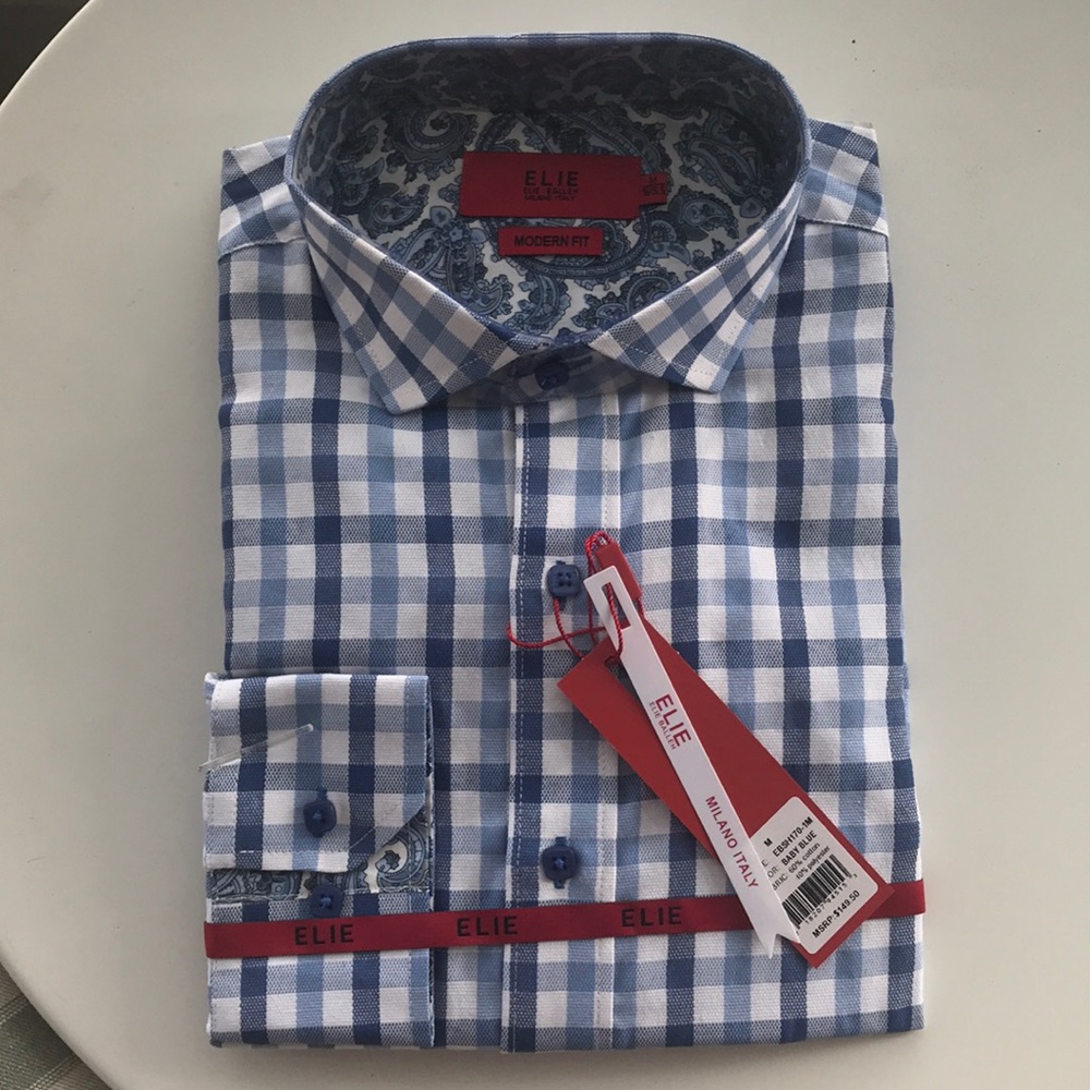 ELIE Men’s button down shirt. Checked Baby Blue